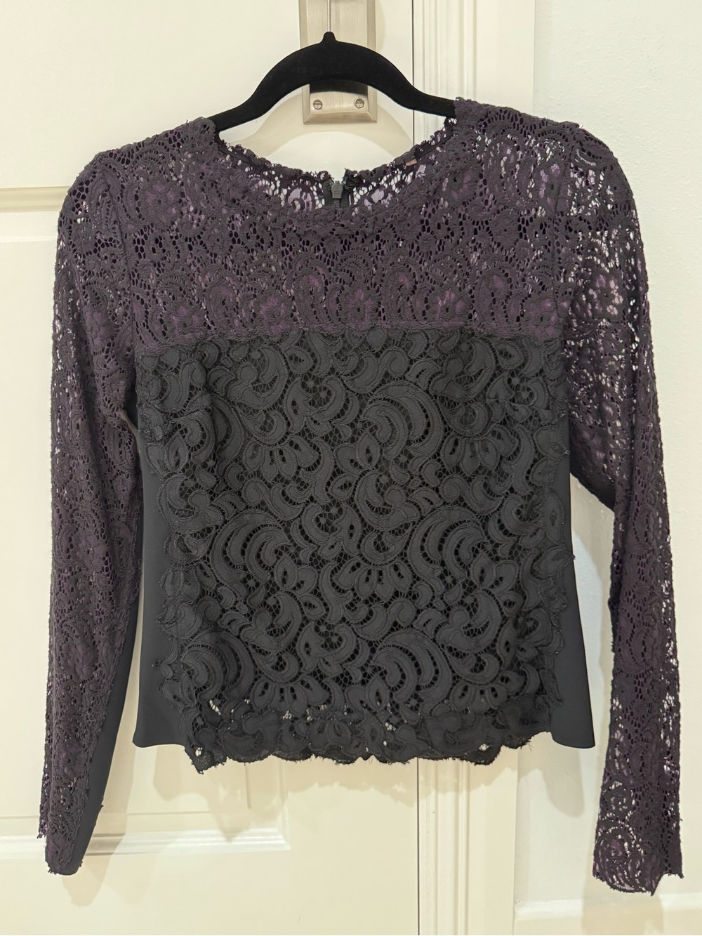Elie Tahari Lace Panel Long-Sleeve Top in Plum and Black size XS